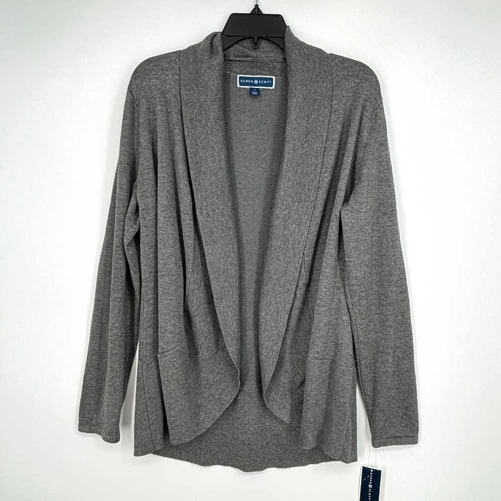 Karen Scott Womens Large Open Front Cardigan Sweater Heather Gray Long Slv HOLE